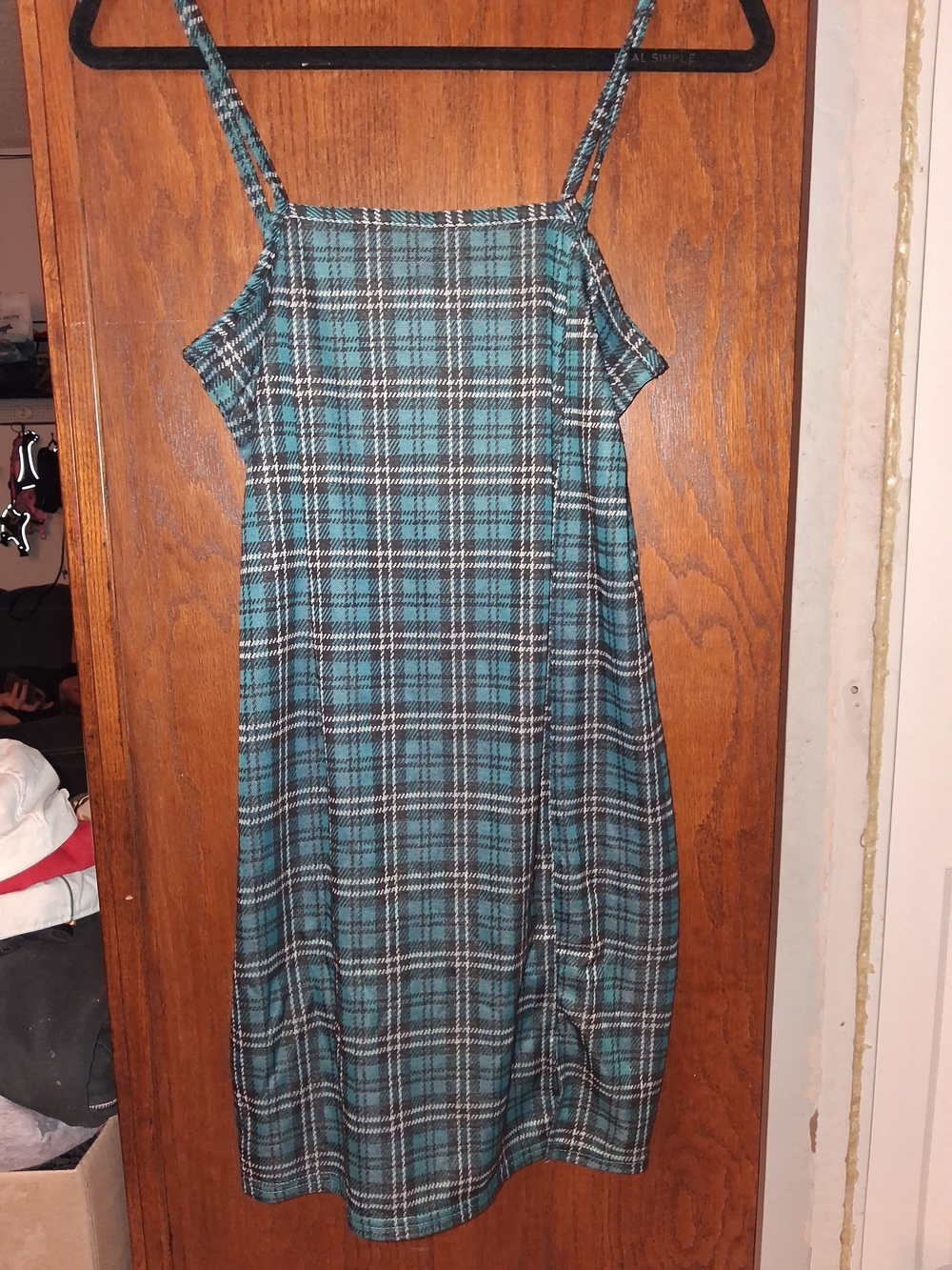 Teal Plaid Spaghetti-Strap Mini Dress